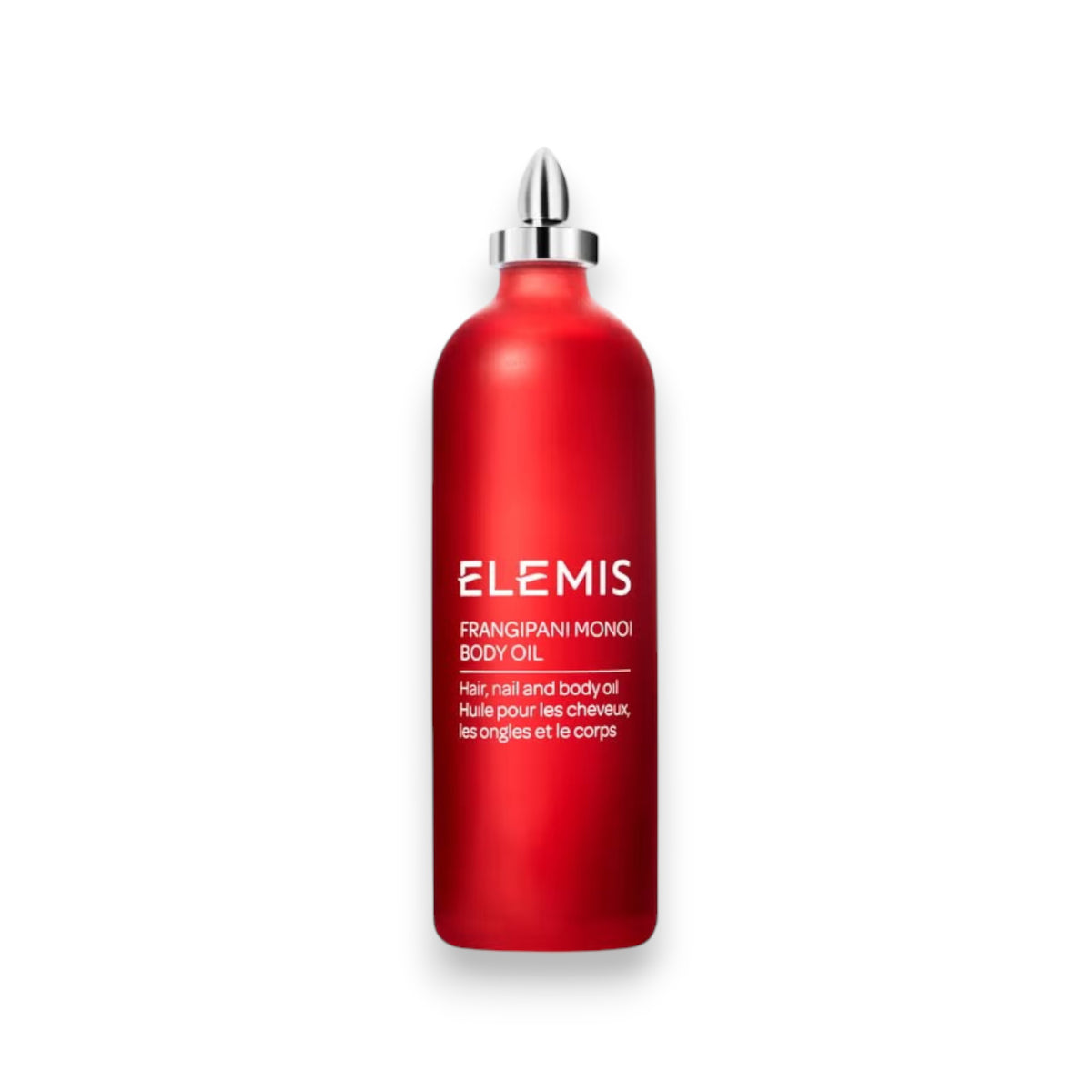A vibrant red ELEMIS - FRANGIPANI MONOI BODY OIL bottle features a silver cap. The label reads: "Hair, nail, and body oil. Huile pour les cheveux, les ongles et le corps," showcasing its nourishing blend of frangipani and coconut oils. Brand: ELEMIS - STEINER.