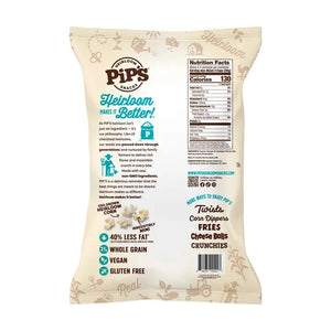 A bag of PIPCORN - SEA SALT POPCORN shown next to a smaller, older version of the PIP’S HEIRLOOM SNACKS packaging.