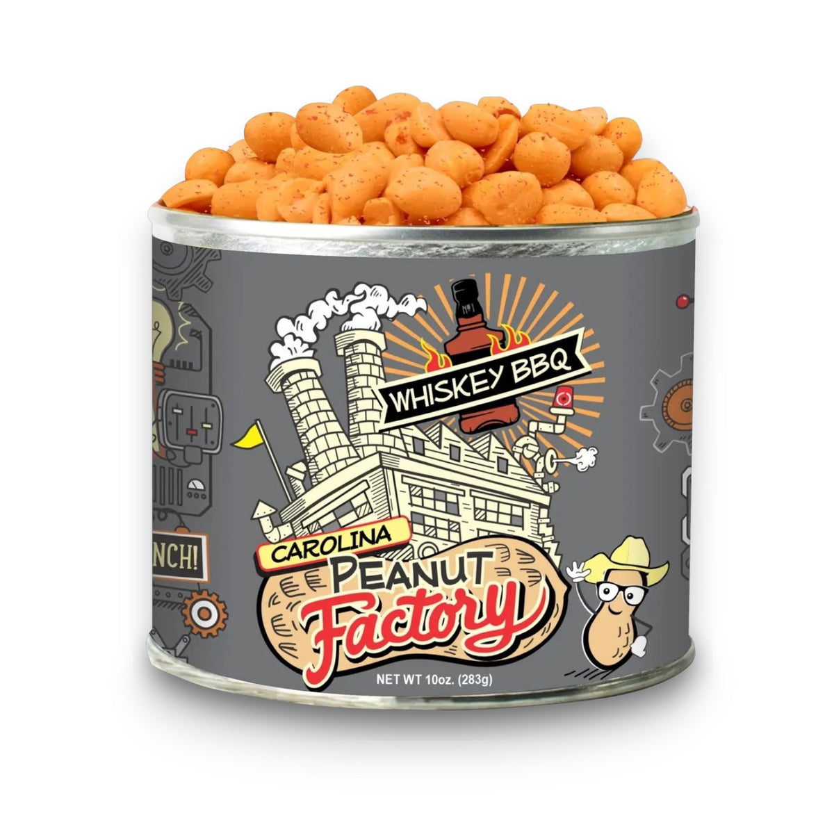 A 10 oz can of 1949 NUT COMPANY WHISKEY BBQ PEANUTS, featuring a label with an illustrated factory, gears, and a peanut character wearing a hat. The open can reveals seasoned Whiskey BBQ peanuts inside.
