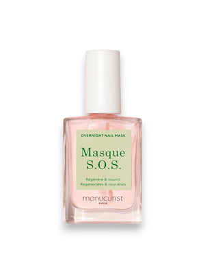 A clear glass bottle of MANUCURIST INC MANICURIST - S.O.S. NAIL MASK featuring pink liquid, a white cap, and a green label. This hydrating night care formula is designed to repair and restore damaged nails.