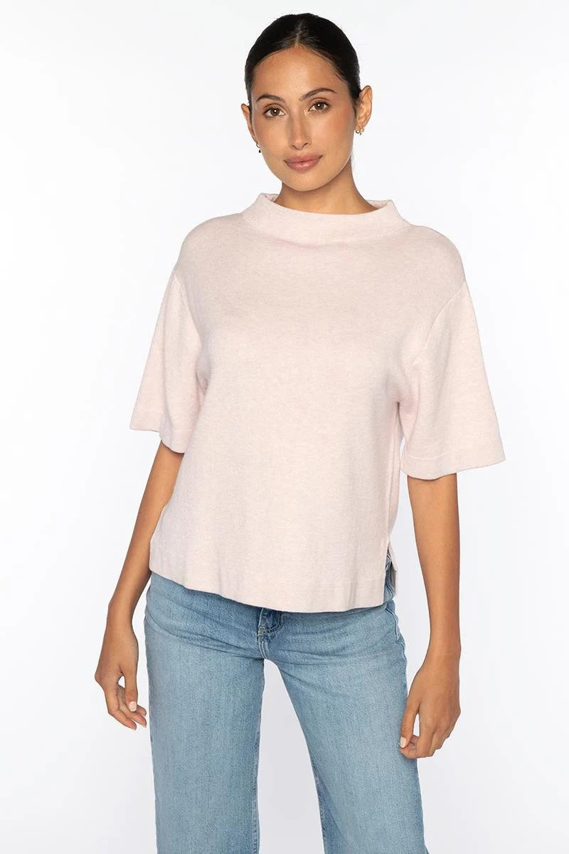 The KINROSS EASY LOW FUNNEL NECK COTTON SWEATER by KINROSS is a plain, short-sleeved, light grayish-green knit top with a relaxed fit and high round neckline, shown on a white background.