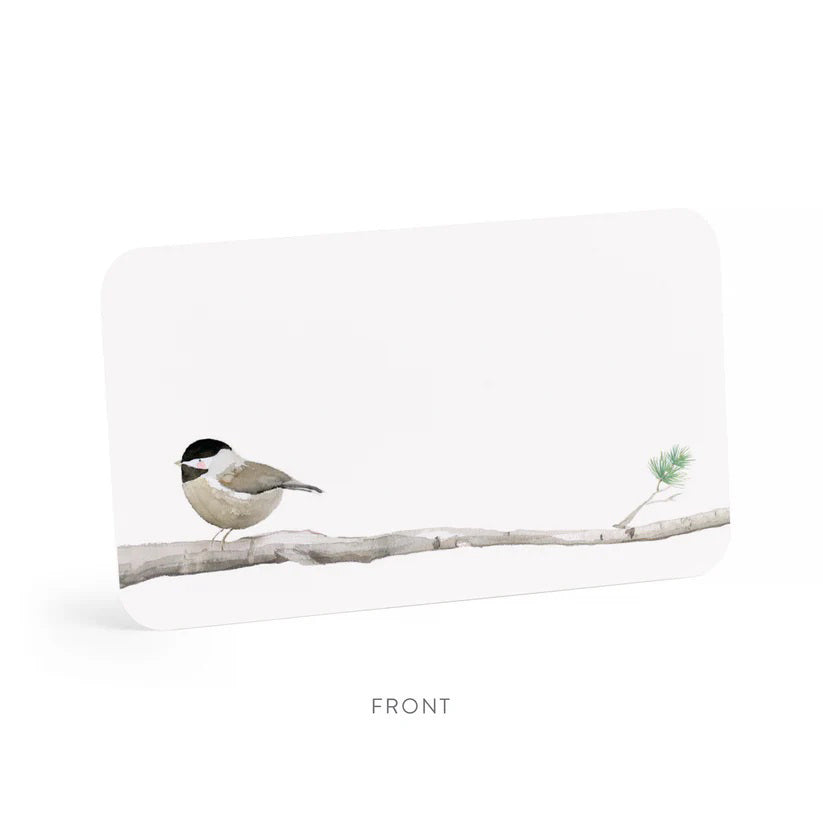 The E. FRANCES PAPER - CHIKADEE LITTLE NOTES features 85 small notecards in a clear box with a charming watercolor of a chickadee on a branch.