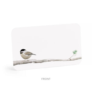 The E. FRANCES PAPER - CHIKADEE LITTLE NOTES features 85 small notecards in a clear box with a charming watercolor of a chickadee on a branch.