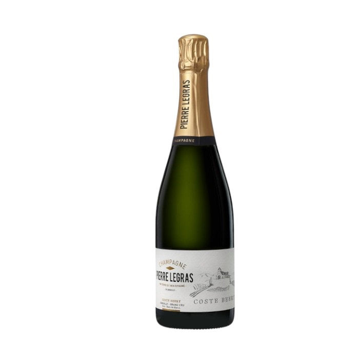 A 375ml bottle of Pierre Legras Blanc de Blanc Grand Cru Champagne from Chouilly features a gold foil neck and a striking black and gold label. The elegance of this Chardonnay is displayed with "Pierre Legras" and "Coste Beert" on a plain white background, under the brand name Wine: Grapevine.