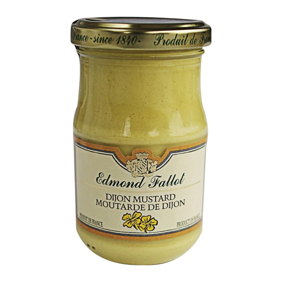 A glass jar of EDMOND FALLOT TRADITIONAL DIJON MUSTARD by THE FRENCH FARM features a gold lid, cream label with crest and floral design, and yellow mustard inside. English and French text. Ideal for charcuterie boards.