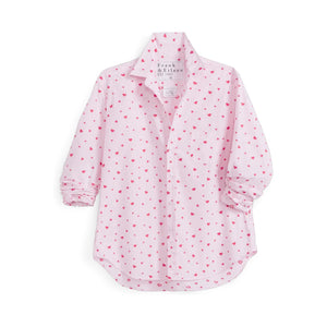 The FRANK & EILEEN Eileen Relaxed Button Up in pink stripe with red hearts is a long-sleeve, collared Italian cotton shirt displayed flat on a white background.