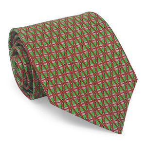 Introducing the BIRD DOG BAY PETER-BLAIR - SANTA HATS SILK TIE IN RED: a handcrafted silk tie adorned with a repeating pattern of festive red Santa hats, set against a vibrant red background. Handmade in New York, this spirited accessory is finished with an exclusive Peter-Blair woven label.