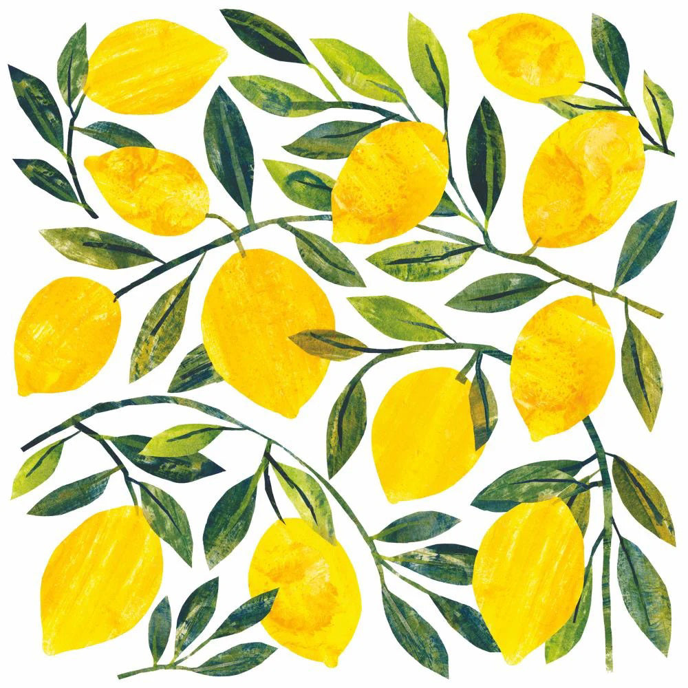 The vibrant illustration of bright yellow lemons with green leaves on branches forms a seamless pattern, giving a hand-painted look ideal for the 3-ply texture of TRACEY'S CITRONELLA BEVERAGE NAPKINS by PAPER PRODUCTS DESIGN.