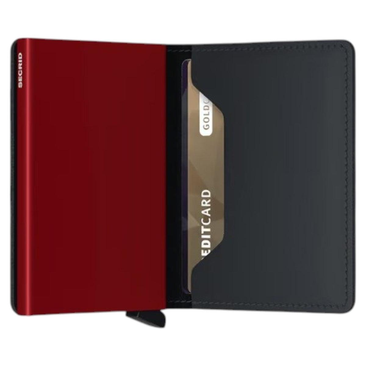 A SECRID - SLIMWALLET MATTE IN BLACK AND RED stands upright, viewed from the side, showcasing its slim profile with black textured edges and the brand name “SECRID” printed vertically in white. This RFID protected wallet blends a sleek design with advanced security, making it an ideal choice for carrying modern essentials.