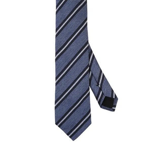 Introducing the AMANDA CHRISTENSEN - Striped Jacquard Woven Silk Tie in Sky Blue Melange: a refined addition to your men’s accessories collection, featuring a rolled-up jacquard woven silk design with an elegant textured pattern and diagonal white and dark blue stripes.
