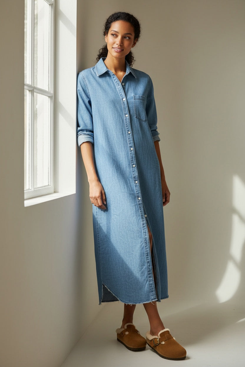 A person stands outdoors on a patio, wearing a FRANK &amp; EILEEN Rory Maxi Shirtdress in Vintage Stoneash Denim and white sandals. They have curly hair, are looking to the side with one hand in a pocket, surrounded by plants and a glass door.