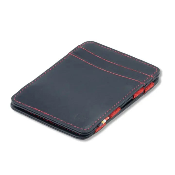 The GARZINI Magic Slim RFID-blocking leather wallet in blue and red features multiple card slots with cards partially visible inside.
