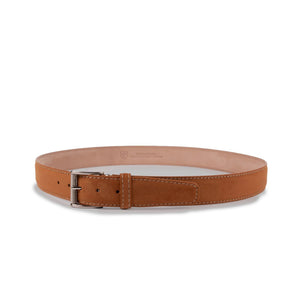 The LEN LIFESTYLE Alcantara Belt in Chestnut with Beige features a refined design and silver buckle, making it a sophisticated accessory for any collection—beautifully displayed on a plain white background.