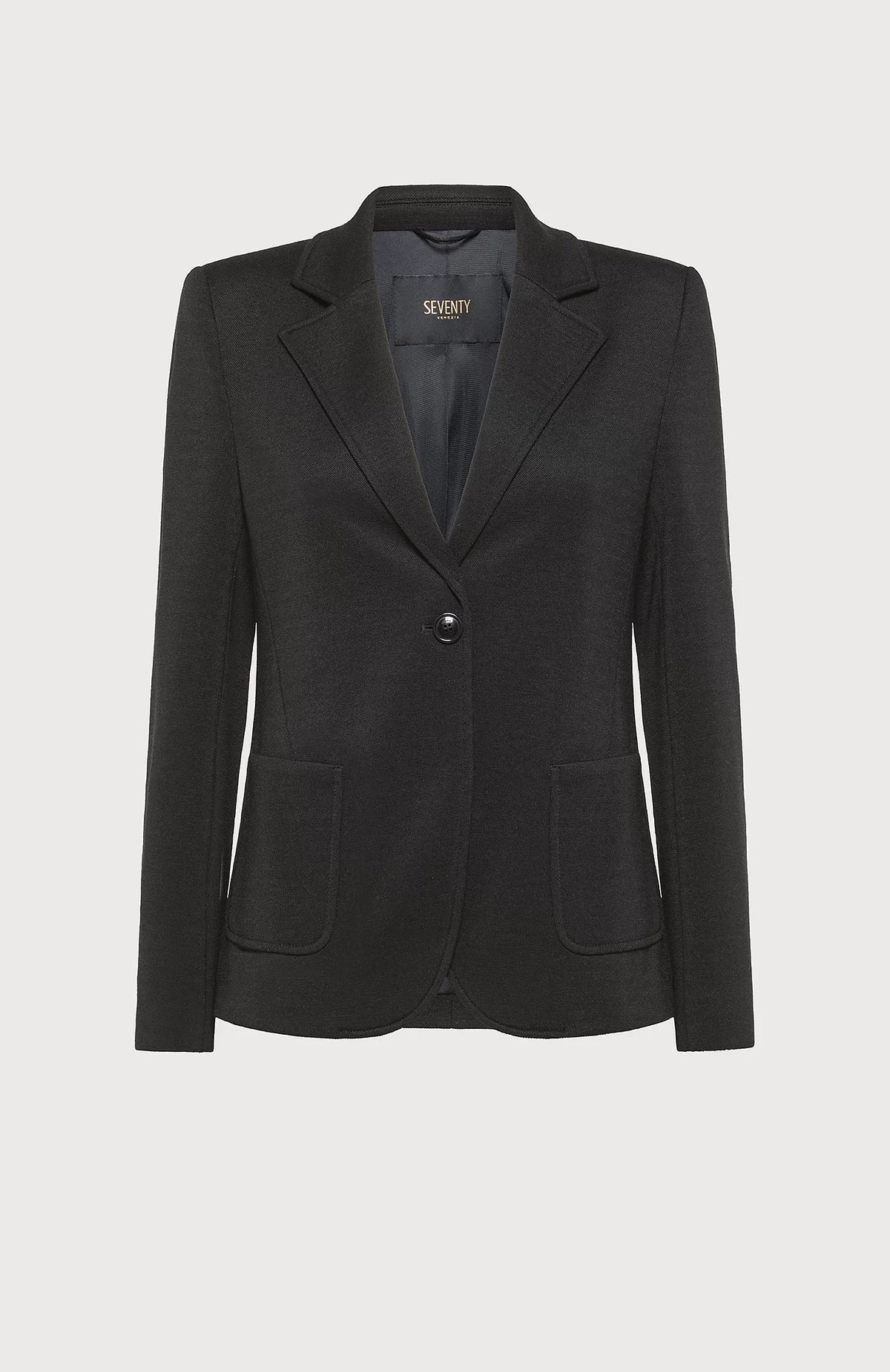 The SEVENTY - SINGLE BREASTED KNIT JACKET by the brand SEVENTY is a tailored women&#39;s jacket in black, featuring classic lapels, a single-button closure, and two front pockets. It has a sleek, fitted design and a minimalist, professional appearance. The interior is lined with the &quot;SEVENTY&quot; label visible inside.