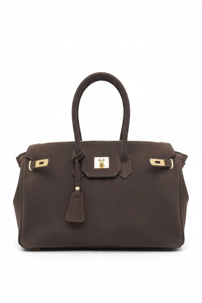 ANTONIO MODA SUEDE LEATHER SATCHEL HANDBAG IN CHOCOLATE: a dark brown Italian suede leather satchel with a structured silhouette, top handle, and gold-tone hardware.