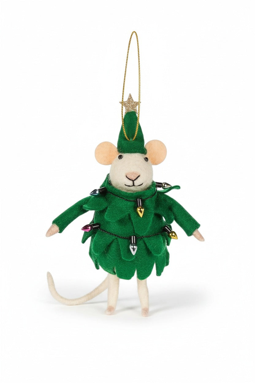 An Abbott Mouse in a Tree Suit ornament shaped as a felt mouse wearing a green Christmas tree costume decorated with miniature light bulbs and a star hat.