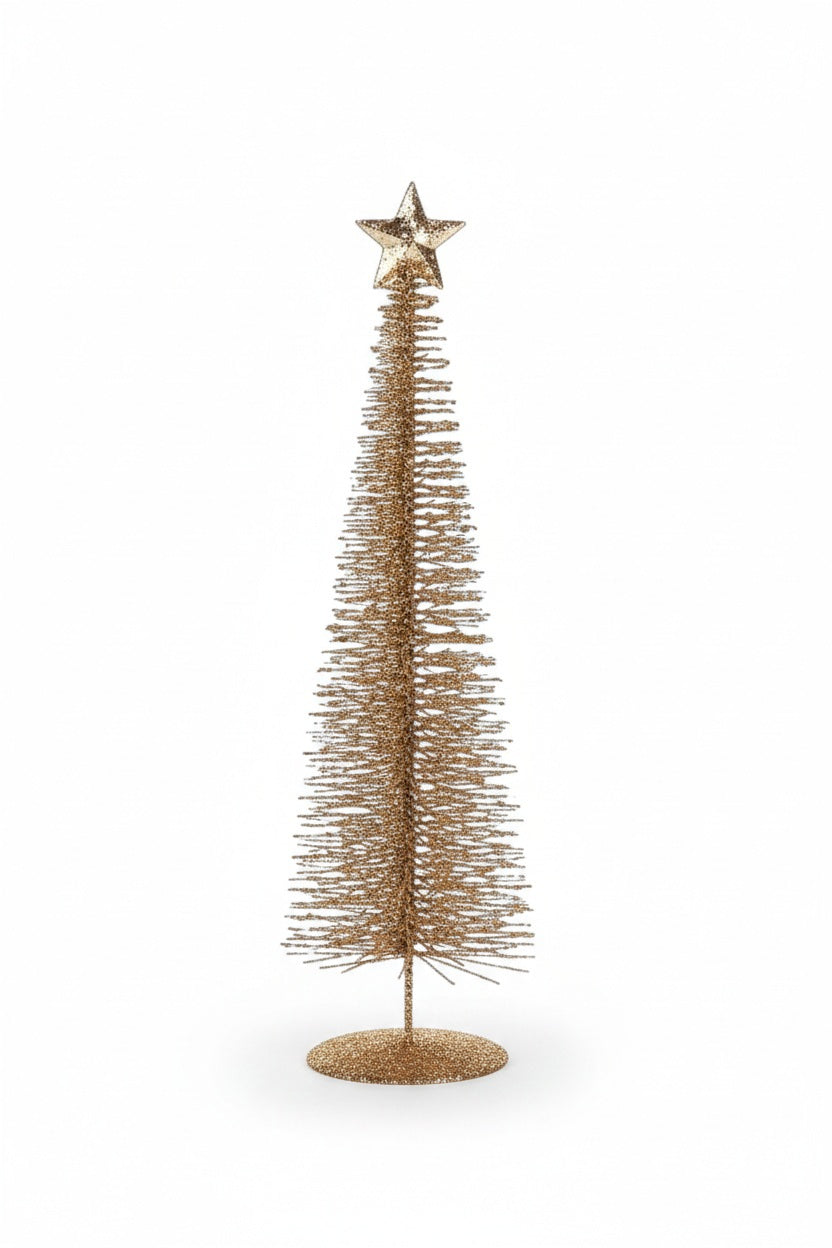 A 16″ Zodax TREASUR EMOUNTAIN TREE IN GOLD, a tall, slender decorative tree acting as a wire plant support, topped with a matching star and set on a circular base.