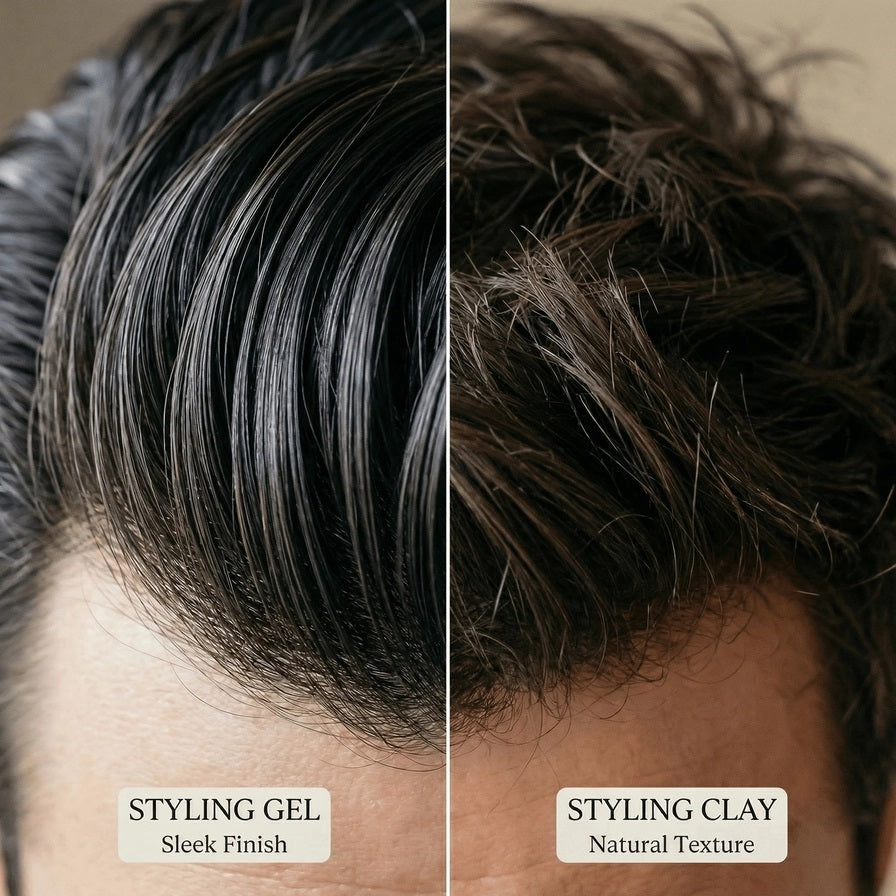 An open, round container of HYGIENELAB - STYLING CLAY displays the smooth, light gray clay inside with a swirled surface. This styling clay from HYGIENELAB provides a medium-strong hold and a natural matte finish.