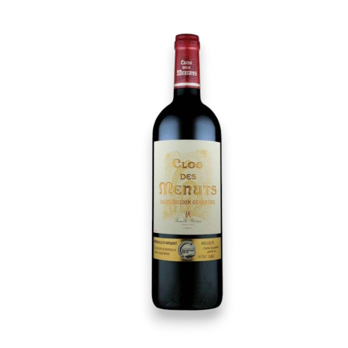 A 375ml half bottle of Clos des Menuts St Émilion 2018 by Monsieur Touton, featuring a red top and cream label with text and a small red emblem, elegantly highlights the Merlot's sophistication against a simple backdrop.