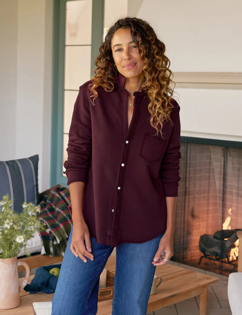 The FRANK &amp; EILEEN EILEEN Relaxed Button Up Shirt in Triple Fleece Currant features a relaxed fit, long sleeves, button-front design for a flattering bust, single chest pocket, and rolled cuffs, shown on a white background.