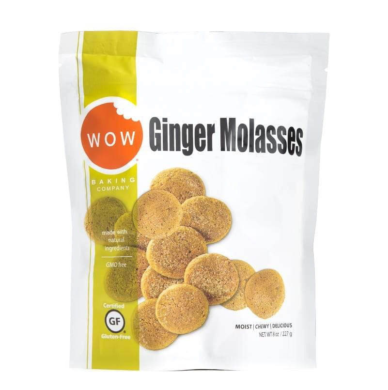 A white and yellow package of WOW Baking Company’s Gluten-Free Ginger Molasses Cookie Pouch, bursting with ginger bits and rich molasses flavor. Featuring an image of several gluten-free cookies, the package highlights that the product is GMO-free and made with natural ingredients. Net weight of 8 oz (227 g).