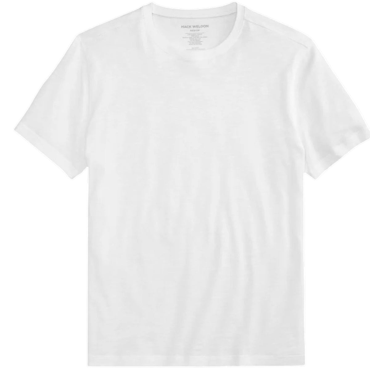 A man with short hair and light stubble wears the MACK WELDON Slub Cotton Crew Neck T-Shirt in Bright White, paired with dark pants, standing against a white background and looking slightly to his left.