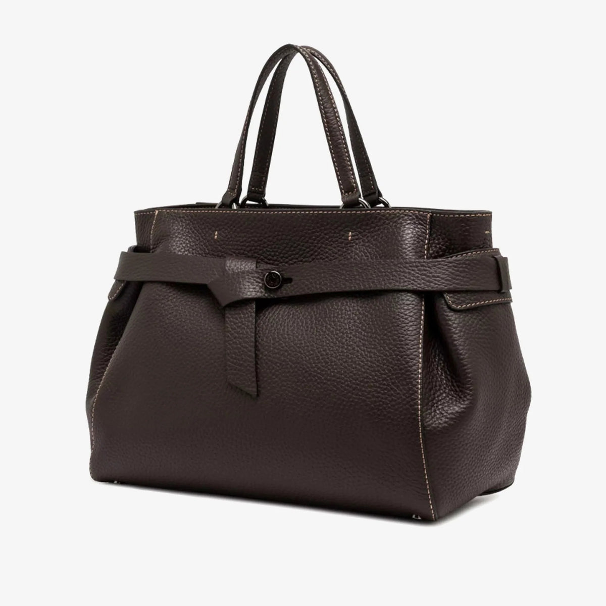 The GIANNI CHIARINI - MIRANDA HANDBAG IN ESPRESSO is a dark brown handbag crafted from pebbled, hammered leather, featuring two handles and a distinctive knotted strap detail across the front. It comes finished with a removable shoulder strap and is shown against a white background.