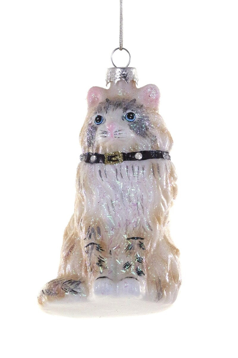 The CODY FOSTER RAGDOLL CAT ORNAMENT is a 3.5&quot; glass decoration shaped like a light brown and white cat with blue eyes, a black collar, and hangs from a silver string—perfect for your Christmas tree.