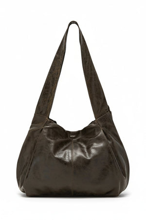 The SEVENTY VENEZIA Slouchy Leather Hobo Bag by SEVENTY features a dark brown, slouchy silhouette in glossy Italian leather with a wide strap, shown against a plain light background.