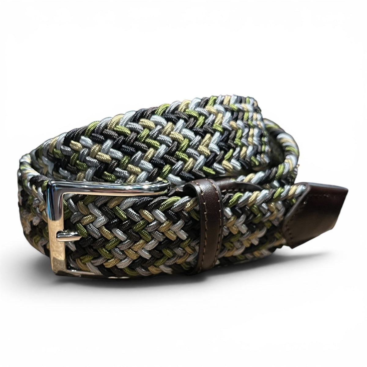ATHISON - BRAIDED RAYON STRETCH BELT IN FOREST size chart: XS–XL fits waists 70–115 cm, belt lengths 90–130 cm. Chart features an illustrated "M" belt for waist 95 cm and total length 110 cm. Brand: ATHISON.
