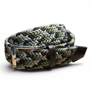 ATHISON - BRAIDED RAYON STRETCH BELT IN FOREST size chart: XS–XL fits waists 70–115 cm, belt lengths 90–130 cm. Chart features an illustrated "M" belt for waist 95 cm and total length 110 cm. Brand: ATHISON.