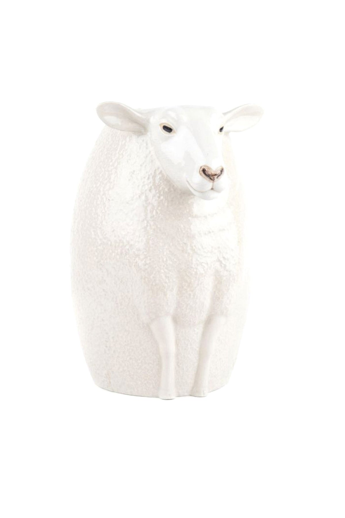 The QUAIL DESIGNS WHITE SUFFOLK SHEEP FLOWER VASE features textured white ceramic fur, upright ears, and a calm expression, shown against a plain white background—a charming piece for any décor.