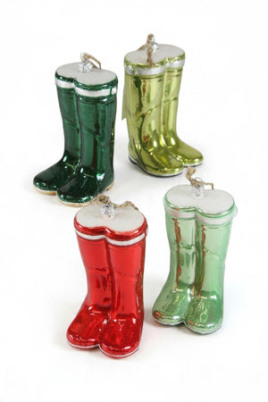 Four glossy 2.5 inch PAIR OF WELLIES ORNAMENT glass rain boots in dark green, lime green, red, and light green.