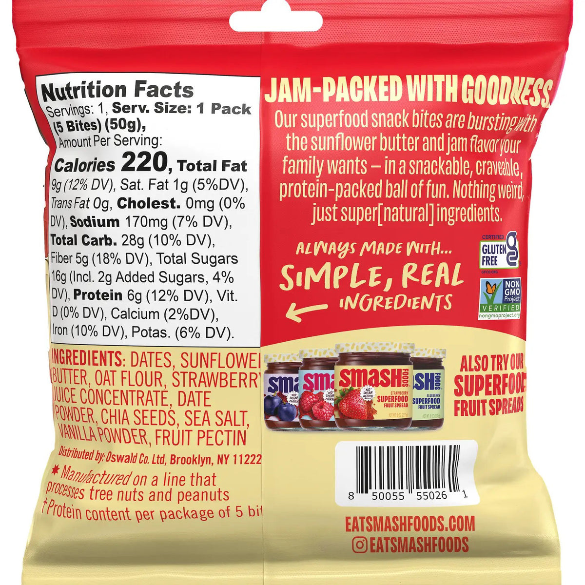 Introducing our CHIA SMASH - SUNFLOWER BUTTER AND STRAWBERRY SNACK BITES, a gluten-free, protein-packed treat with simple ingredients like sunflower seeds and dates for a delightful on-the-go snack.