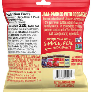 Introducing our CHIA SMASH - SUNFLOWER BUTTER AND STRAWBERRY SNACK BITES, a gluten-free, protein-packed treat with simple ingredients like sunflower seeds and dates for a delightful on-the-go snack.
