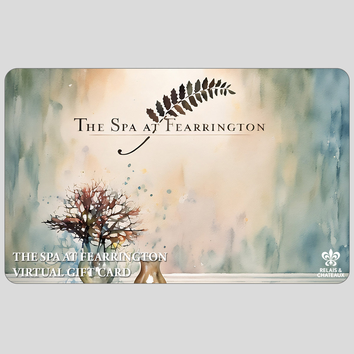 The FEARRINGTON VILLAGE SPA VIRTUAL E-GIFT CARD by FEARRINGTON VILLAGE features a tree and fern on a watercolor background—an easy, online way to share the renowned Fearrington Village spa experience.