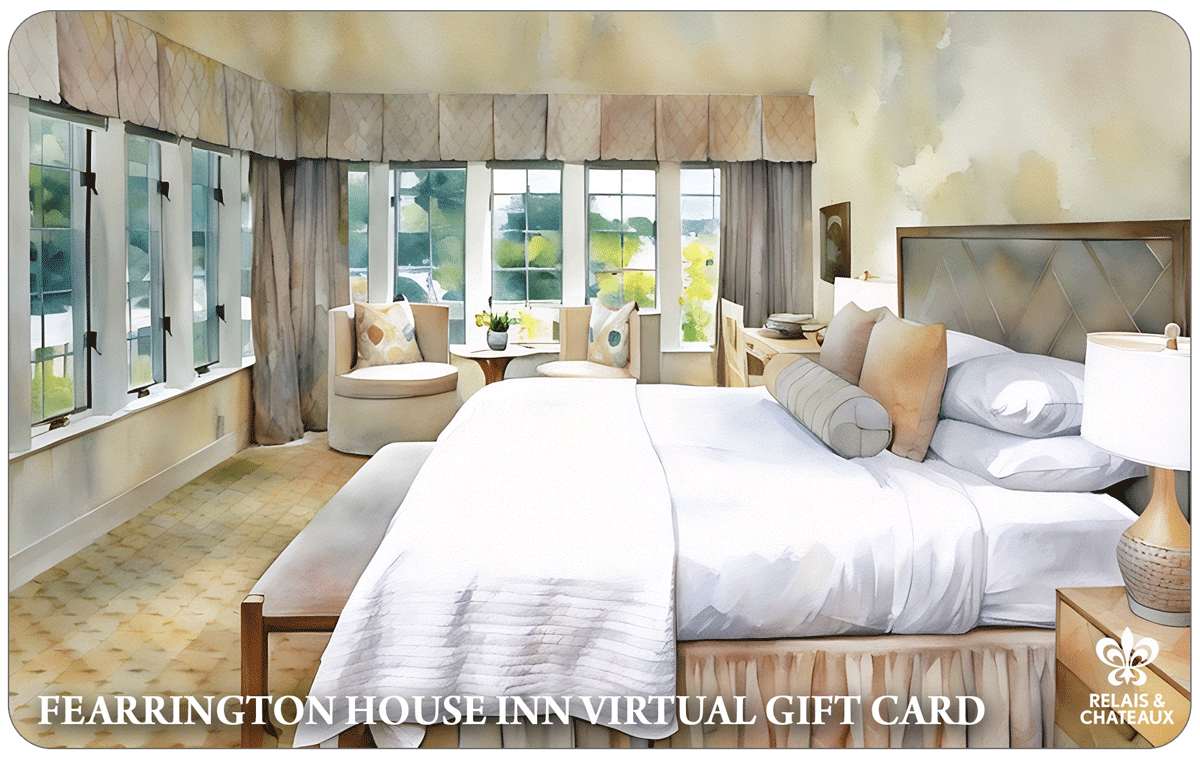 A bright, elegant hotel room features a large bed with white linens, seating area by tall windows, neutral-toned decor, and modern furnishings. Text reads, “Fearrington House Inn Virtual Gift Card.”.