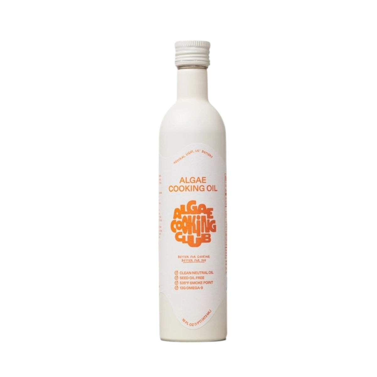 A white bottle labeled &quot;Algae Cooking Oil – the Future of Healthy, Chef-Driven Oils&quot; by ALGAE COOKING CLUB features orange design, product info, and a screw cap. This heart-healthy oil is great for high-heat cooking and shown on a white background.