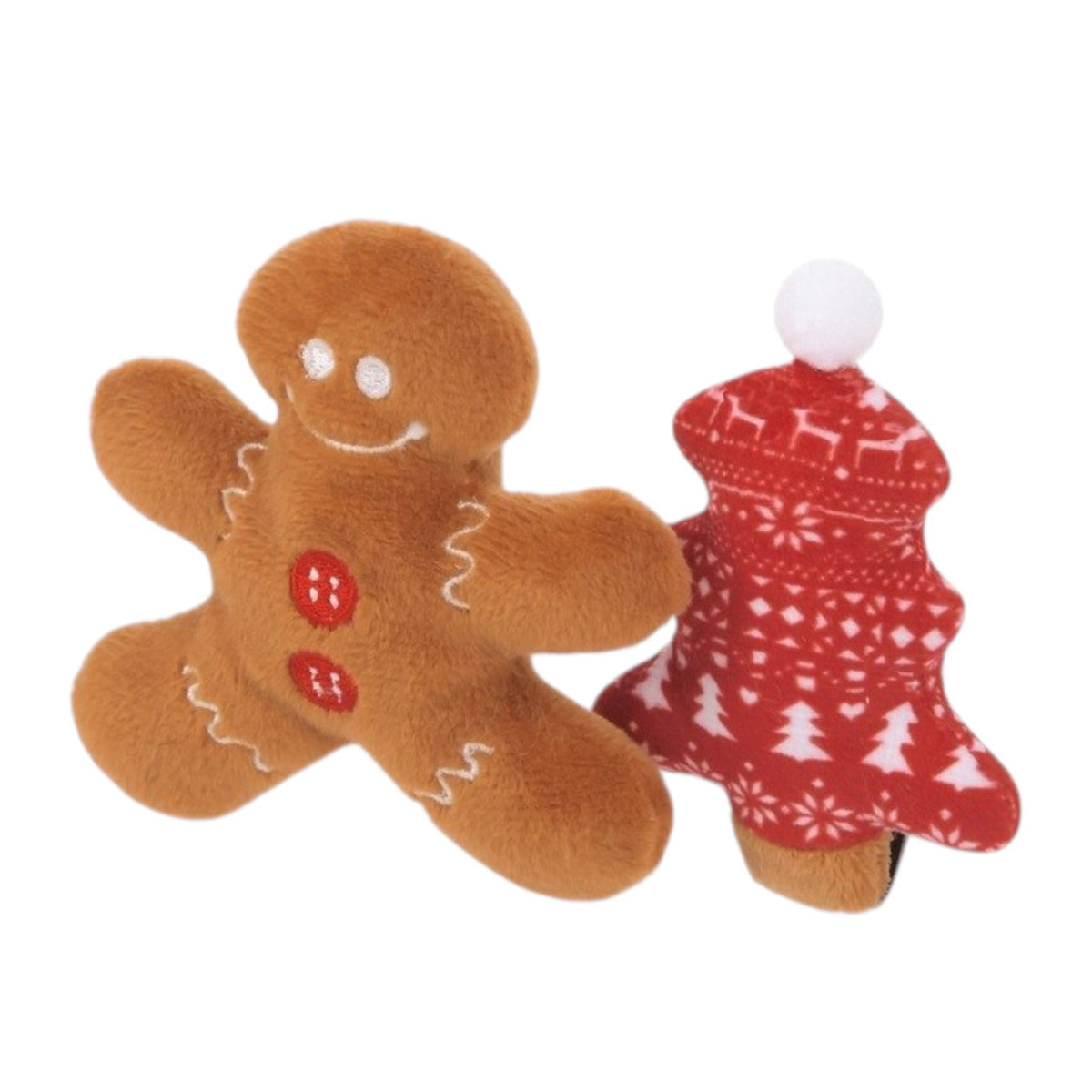 A festive, eco-friendly cat toy from PLAY PET LIFESTYLES/BRANDS, the FELINE FRENZY - MEOWY CHRISTMAS features a plush gingerbread man with white icing details and red buttons standing next to a plush red Christmas tree adorned with white patterns and topped with a white pom-pom—perfect for the holiday season.