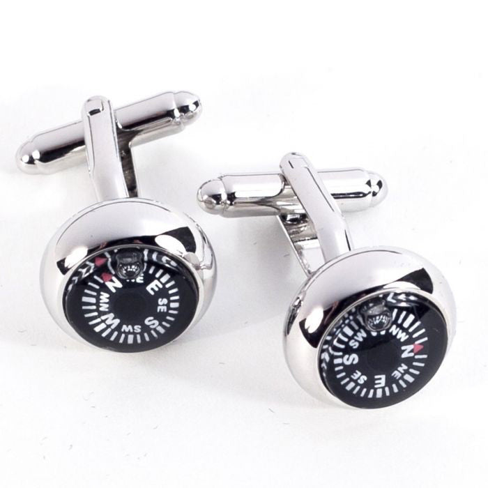 CUFFLINKS - RHODIUM PLATED COMPASS CUFFLINKS by BEYBERK INTERNATIONAL feature a rhodium finish and miniature black compasses with white direction markings.