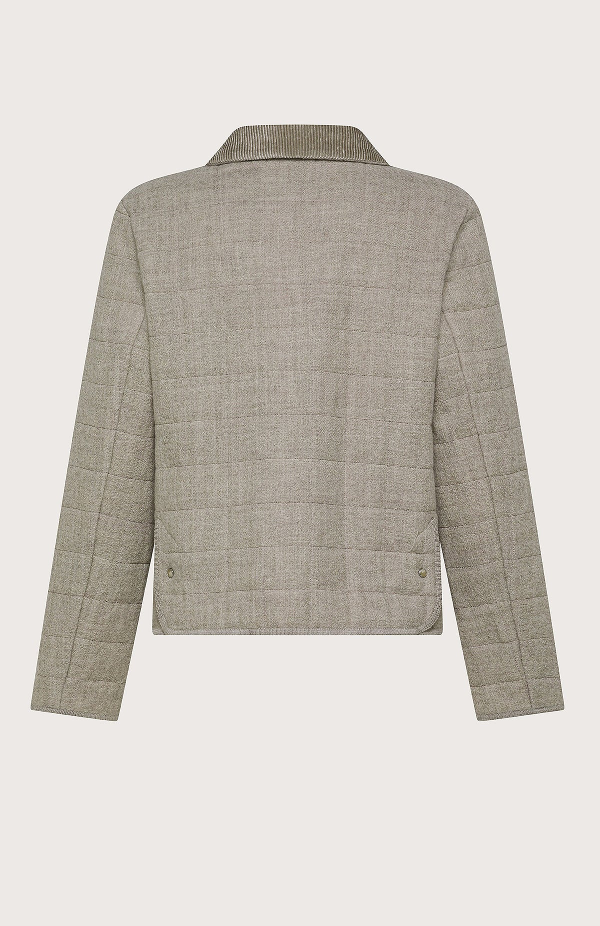 The SEVENTY VENEZIA Linen and Wool Blend Puffer Jacket by SEVENTY features a light gray quilted design with a collar, front snap buttons, two large front pockets, and long sleeves, shown on a plain background.