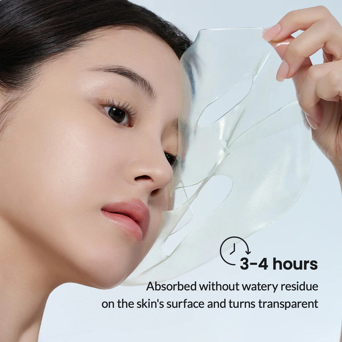 A person applies the BIODANCE - REFRESHING SEA KELP MASK by GLOWISS, partially removing it. Text reads: &quot;3-4 hours. Infused with deep sea water, it absorbs without watery residue on the skin&#39;s surface and turns transparent.
