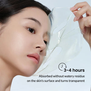 A person applies the BIODANCE - REFRESHING SEA KELP MASK by GLOWISS, partially removing it. Text reads: "3-4 hours. Infused with deep sea water, it absorbs without watery residue on the skin's surface and turns transparent.