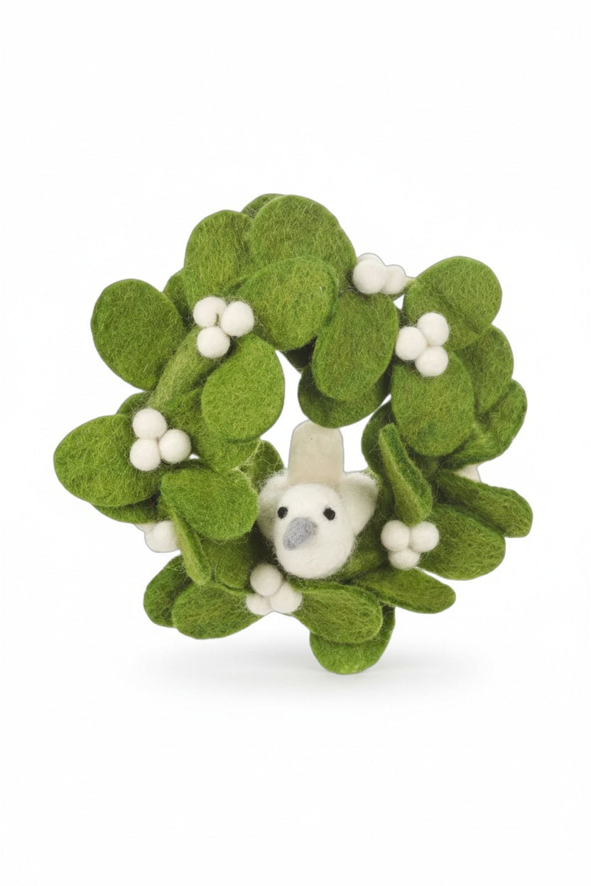 A MISTLETOE MINI WREATH WITH DOVE ORNAMENT by FELT SO GOOD, featuring a handmade felt mistletoe wreath with a small white dove in the center.