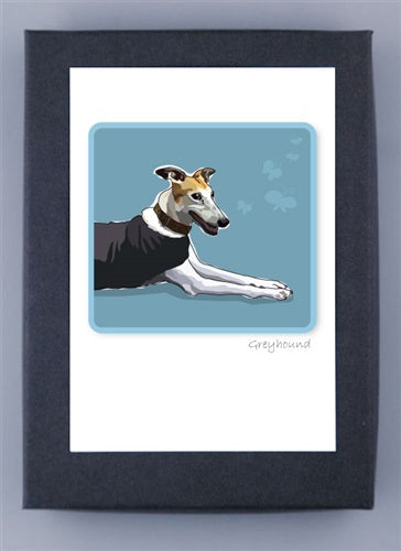 The PAPER RUSSELS - GREYHOUND BOX NOTES from PAPER RUSSELLS features a greyhound on a blue background in a black vest, framed and printed on premium recycled paper. Delicate butterfly silhouettes flutter around the dog in this USA-made artwork.