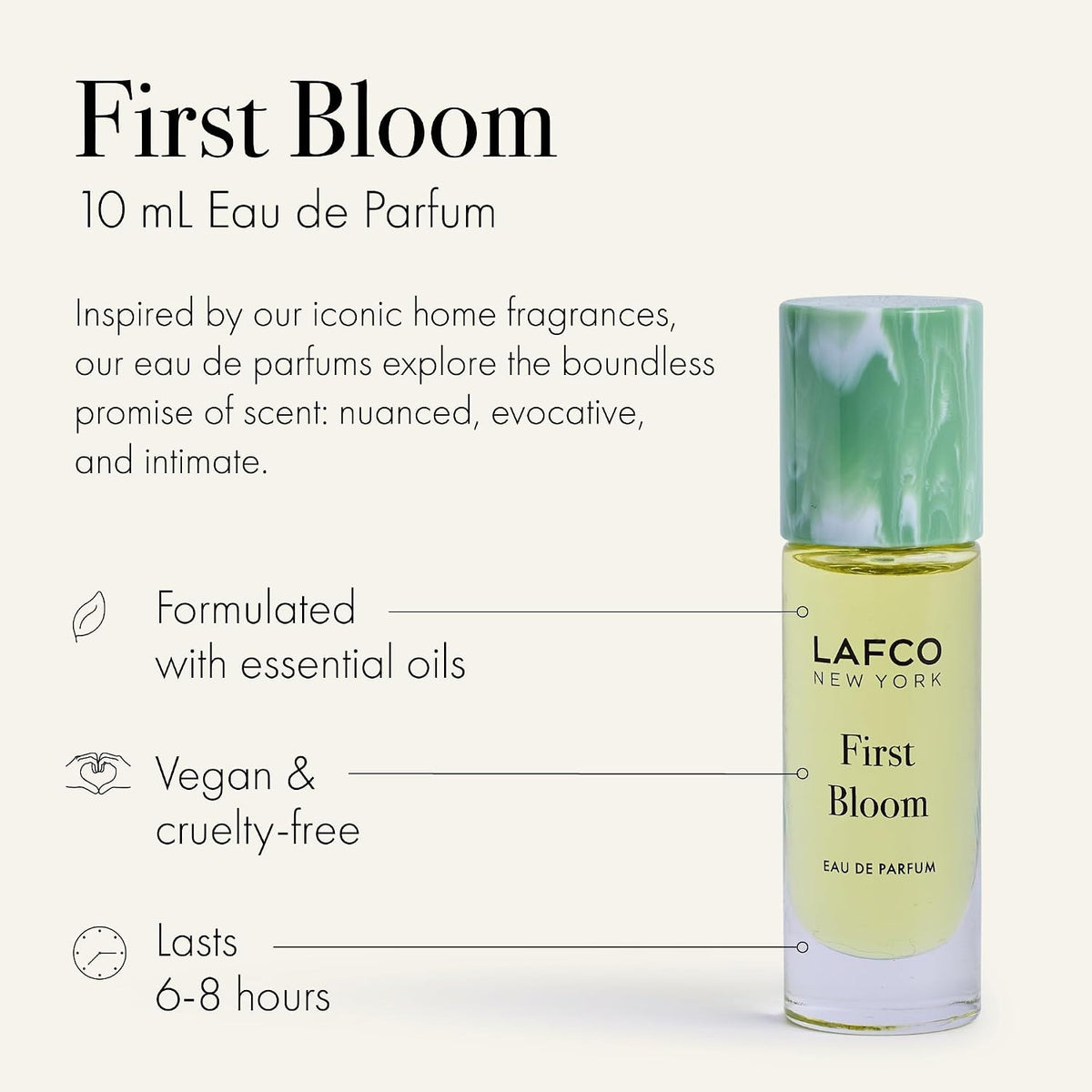 A 10ml bottle of LAFCO Fine Fragrance, First Bloom, a vegan eau de parfum that captures the freshness of spring with luminous neroli and radiant floral notes. Presented by LAFCO, this scent features a marbled green and white cap atop vibrant yellow liquid.