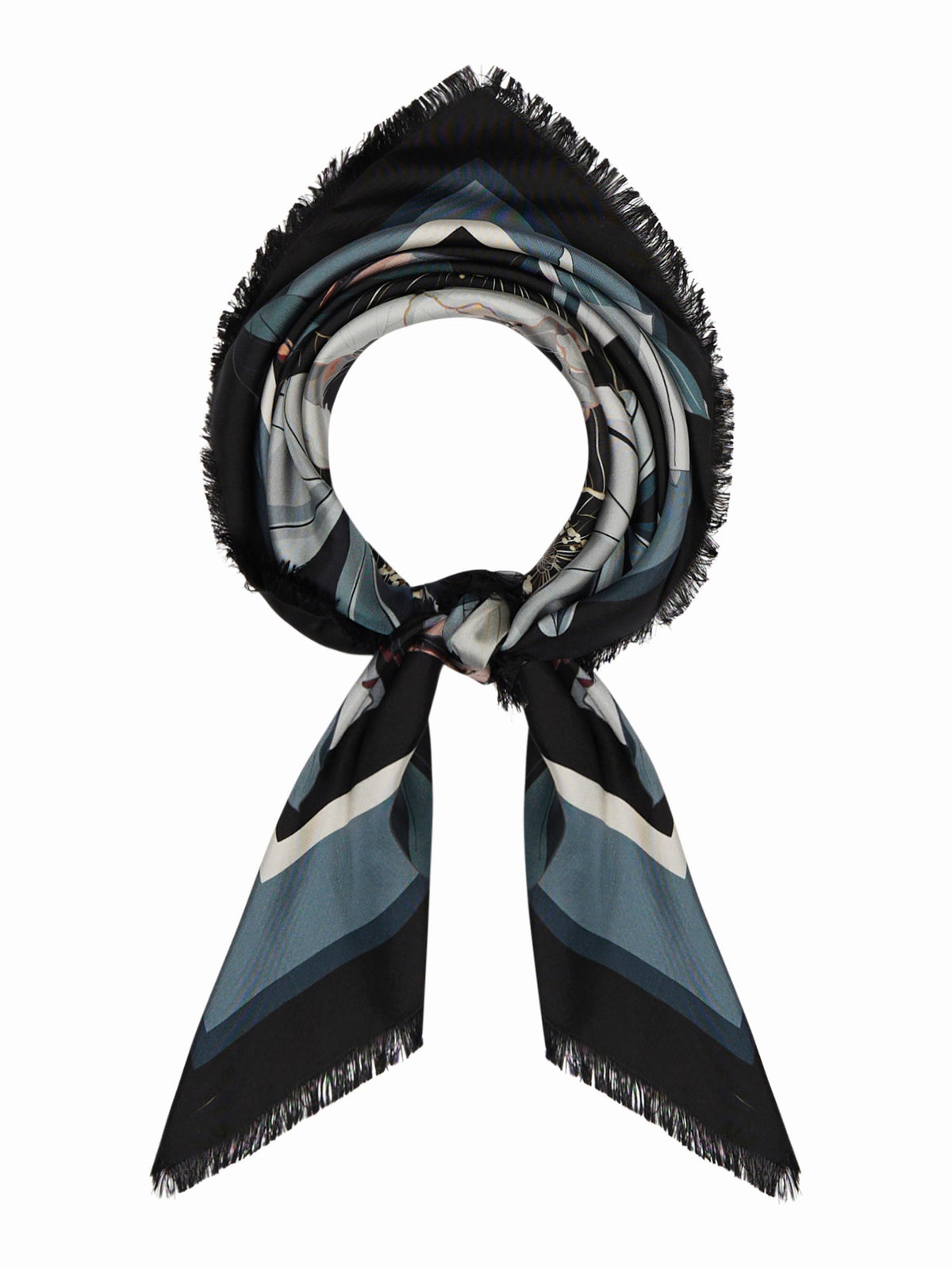 The FRANCO FERRARI - ALOE SILK SCARF 90X90 features a triangular pattern in black, blue, white, and grey with frayed edges. It can be wrapped circularly and tied loosely for a chic look.