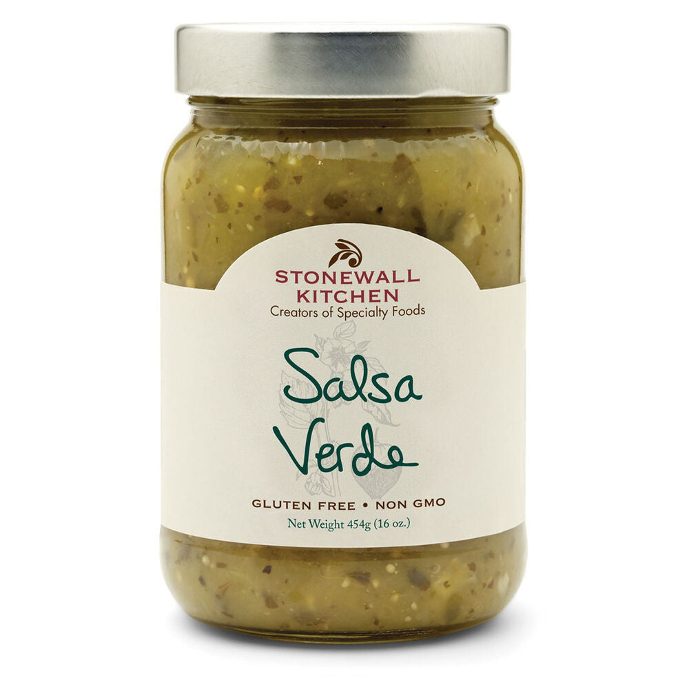 A jar of STONEWALL KITCHEN - SALSA VERDE is displayed against a white backdrop. The label highlights that it is gluten-free and non-GMO, with a net weight of 454 grams (16 ounces). The green salsa inside shows visible vegetable pieces, promising an authentic flavor inspired by a traditional Mexican recipe.