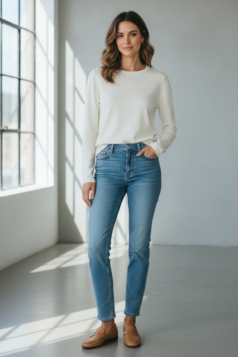 A plain, long-sleeve, white crew-neck T-shirt from SEVENTY displayed against a light background. The fabric appears smooth and the shirt has a relaxed fit. A black garment tag at the collar indicates that it's made in Italy.