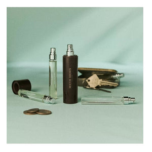 A clear, cylindrical MOLTON BROWN COASTAL CYPRESS EAU DE PARFUM spray bottle with a silver top is displayed against a white background.